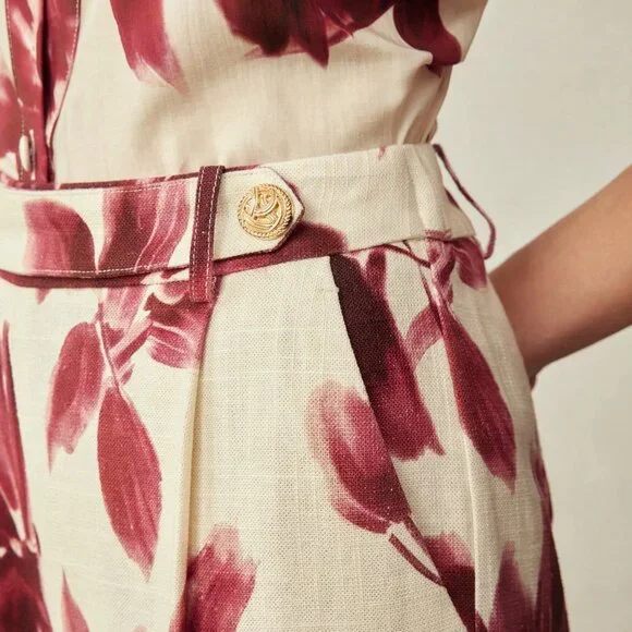 Burgundy Casual Women's Floral Print Straight Leg Wide Pants - Picture 7 of 7